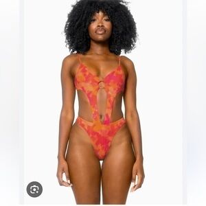 New 437 Four Three Seven The Naomi One Piece Flora Swimsuit Cut Out Orange Red